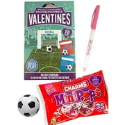 HappyVDay 18 Soccer Valentine Cards with Charms Mini Lollipops, 1 Mini Soccer Squeeze Ball and 1 Valentine's Day Pen Classroom Exchange Bundle For Kids