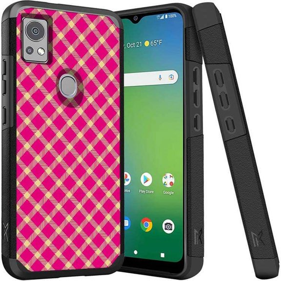 ANJ  Shockproof Dual Layer Slim Hard Case   Tempered Glass Cover Compatible with Icon 5, AT&T Motivate 4 - Hot Pink Plaid