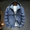 thumbnail image 2 of VNKIDY Men's Coat Autumn Winter Solid Color Denim Hooded Jacket With Button Front Long Sleeve Casual Timeless Style Layered Coat For Casual Daily Activities Versatile Outerwear, 2 of 4