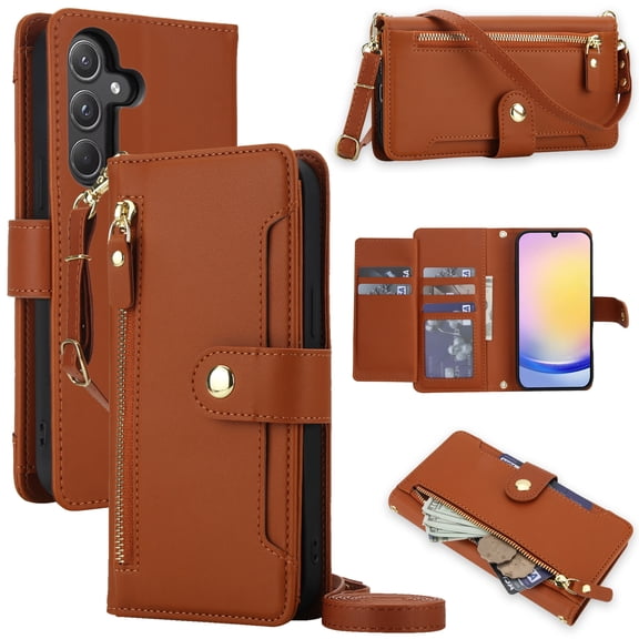Designed For Samsung Galaxy S26 Ultra Wallet Case,With Shoulder Strap   Wrist Strap,PU Leather Flip Folding Kickstand,Card Slots,Zipper Pocket,Shockproof Anti-fall Crossbody Wallet Case,Brown