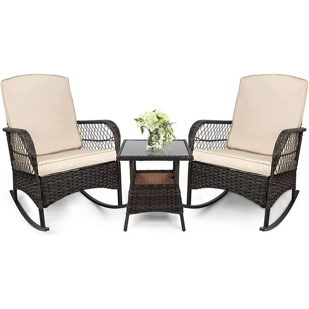 LEVELEVE 3 pcs Rocking Bistro Set Conversation Chairs PE Wicker Outdoor