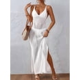 thumbnail image 3 of Womens Crochet Knit Sheer Summer Backless V Neck Side Slit Bathing Suit Cover Up Midi Dress White One Size, 3 of 7