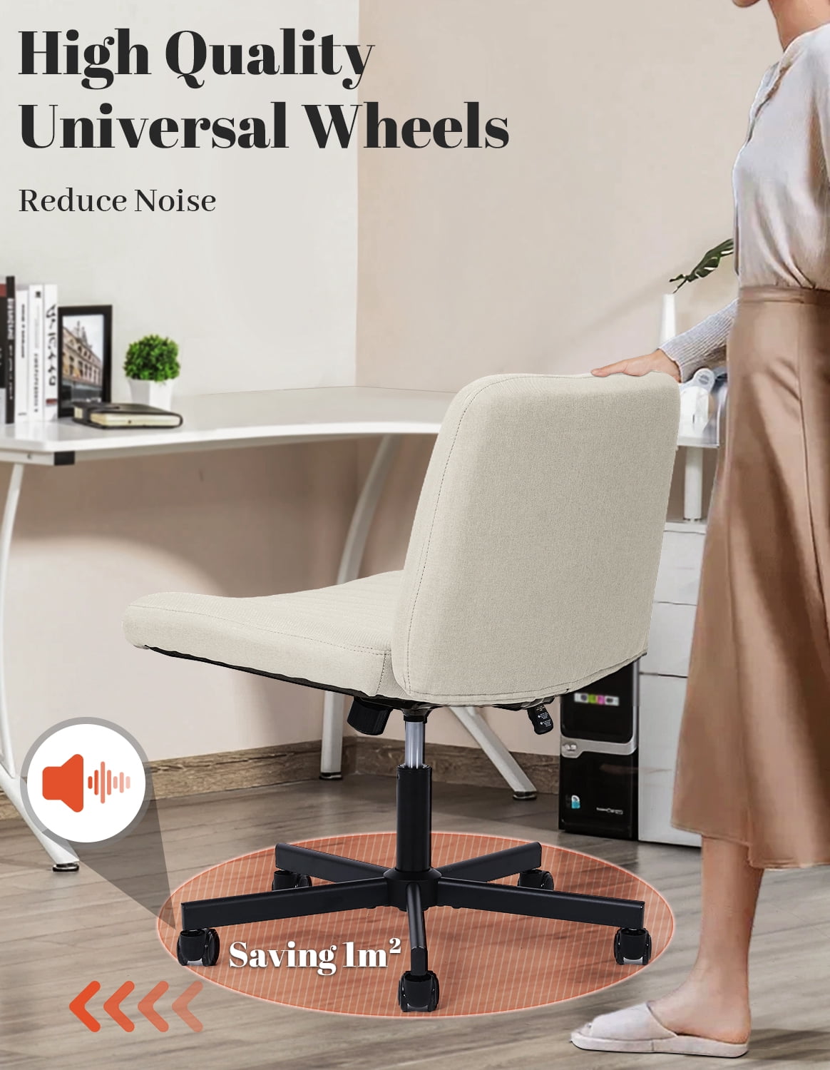 LOGYAT Armless Office Desk Chair, Criss Cross Legged Chair with Wheels, Adjustable Height, Wide Seat, Adult Vanity Chair, Beige