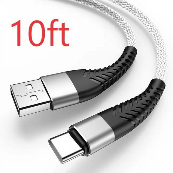 10ft USB-C Charging Cable Data Sync Type-C Long Strong Braided Cord White/Black