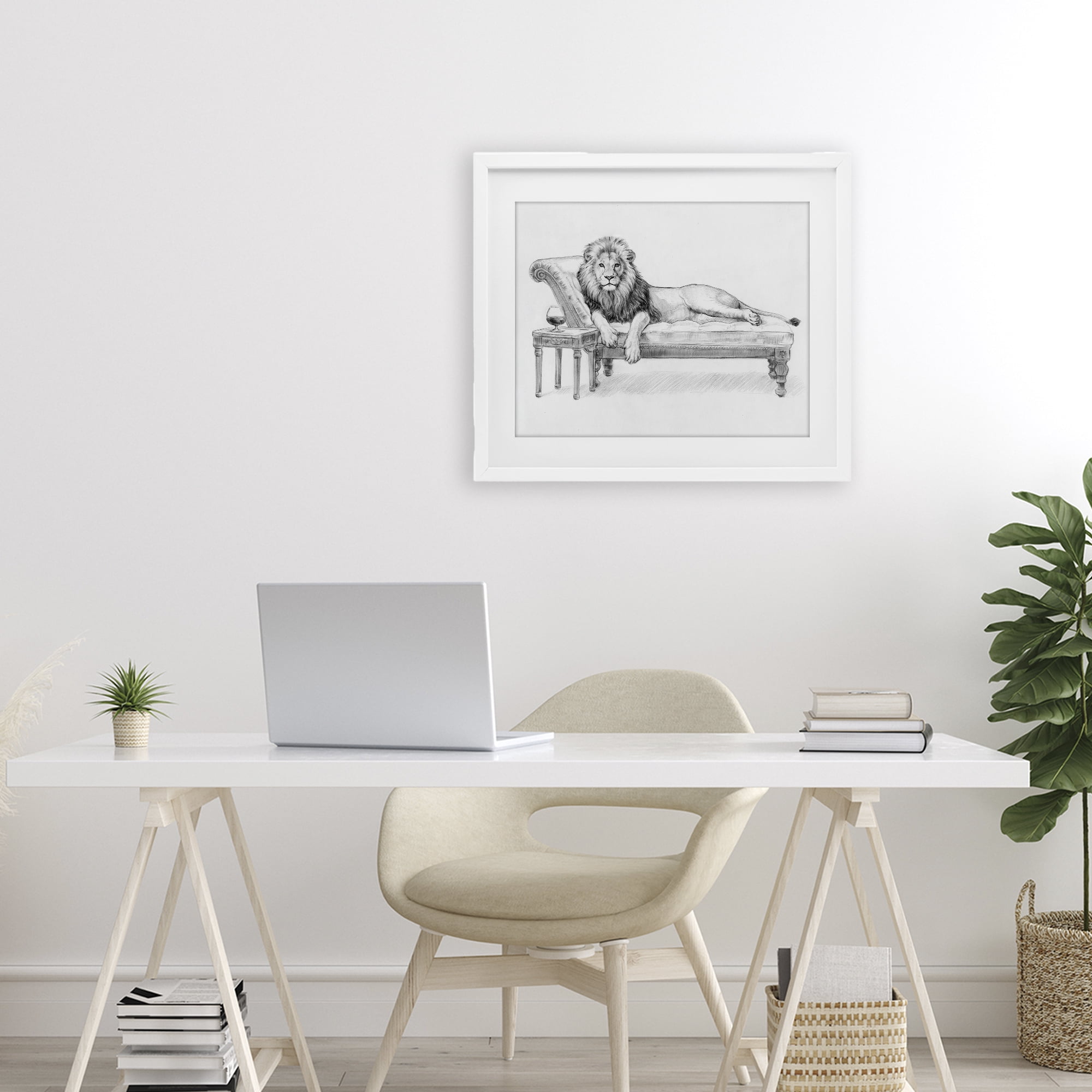 Stupell Industries Lounging Beast Lion White Framed Print Under Glass, design by Victoria Barnes