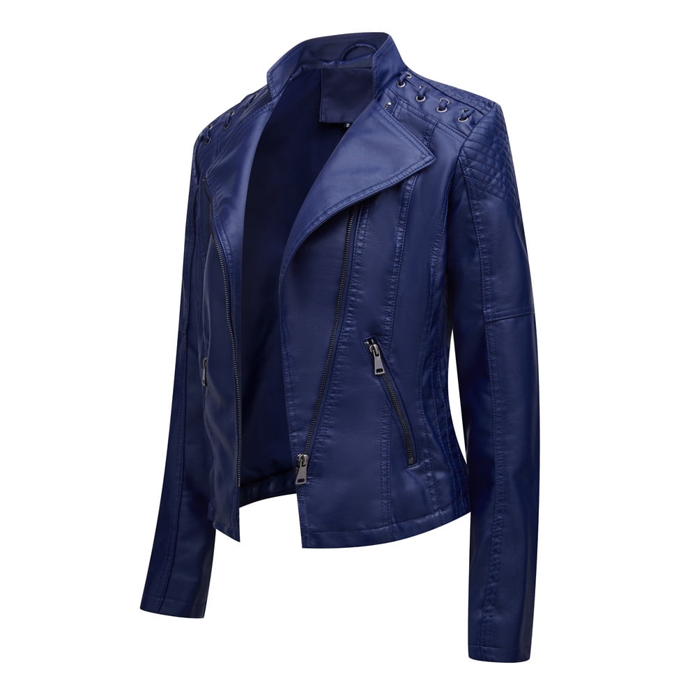 QATAINLAV Women's Faux Leather Moto Jacket Casual Short Solid Color Biker Coat Ladies Zip Up Open Front Lapel Motorcycle Outwear with Pockets Navy XL