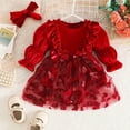 thumbnail image 2 of Pandaie Toddler Baby Girls Christmas Velvet Dress Butterfly Puff Sleeve Outfit 3M 6M 9M 12M 18M with Bow Headband Red,12-18 Months, 2 of 8