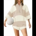 thumbnail image 2 of Conjunto Deportivo de Dos Piezas A Rayas para Mujer, Chándal Extragrande, Top y Pantalones Cortos con Bolsillos, Color Caqui, Talla S, 2 of 9