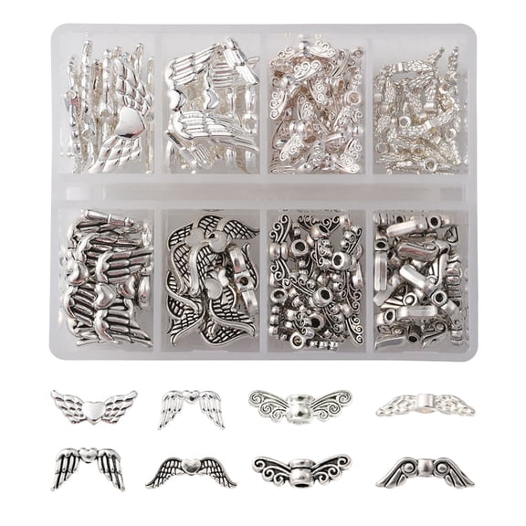 120Pcs 8 Style Tibetan Style Alloy Beads Angel Wing Mixed Color 4~22x3~15.5x2~4mm Hole: 1~1.5mm