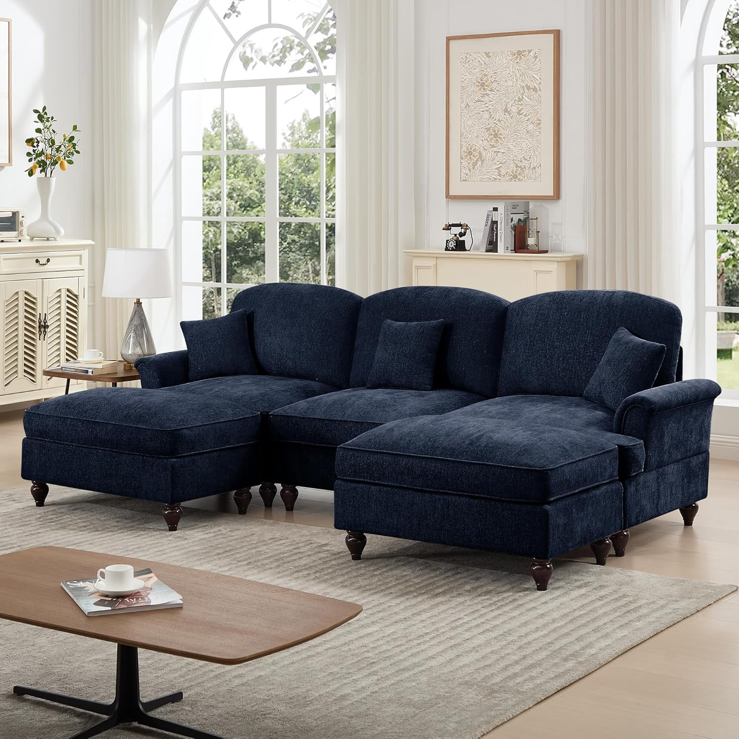 Mid Century Chenille Sectional Sofa, U Shape 3 Seat Couch with Flared Arms, Removable Ruffles Pleats Skirts, Deep Seat Sofa for Living Room, Blue