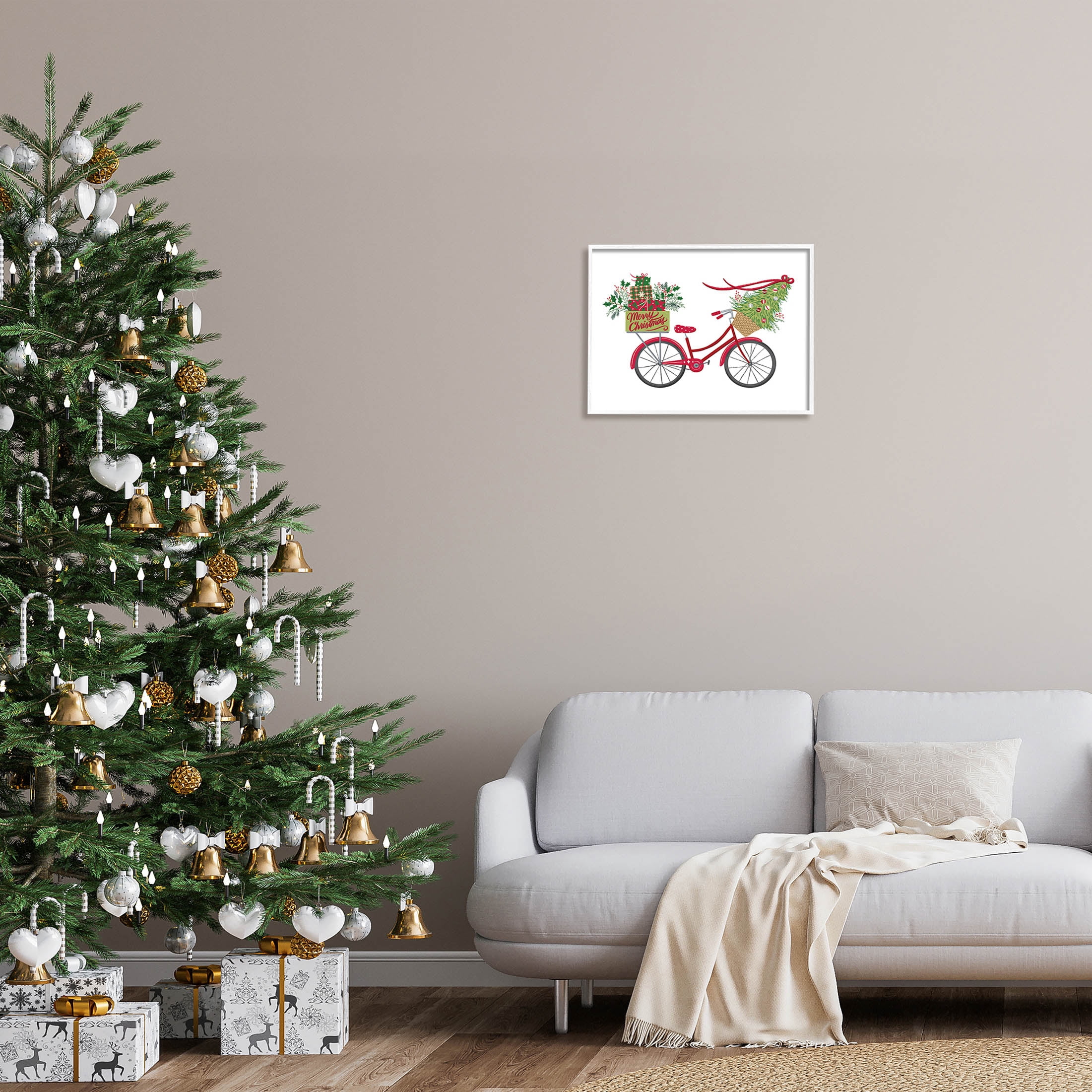 Stupell Industries Merry Christmas Seasonal Bicycle Graphic Art White Framed Art Print Wall Art, Design by Amanda McGee