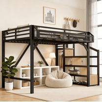 URTR Full Loft Bed with Storage Stairs, Shelves & Built-in Wardrobe, Metal Loft Bed Frame with USB Ports and LED Lights, Noise-reduced Design, Natural