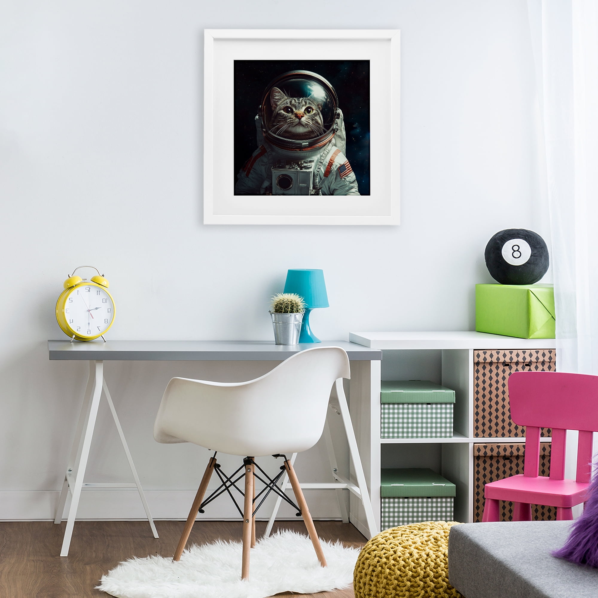 Catstronaut Cat Astronaut White Framed Print Under Glass, design by Jim Baldwin