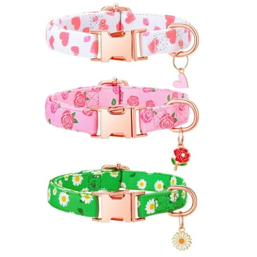 shuaien 3 Pack Cotton Breakaway Dog Collar, Pink Strawberries and White Heart Shaped Pendant Collar, Cute Dog Collar with Bell, Ideal for Girl Dogs Boy Dogs