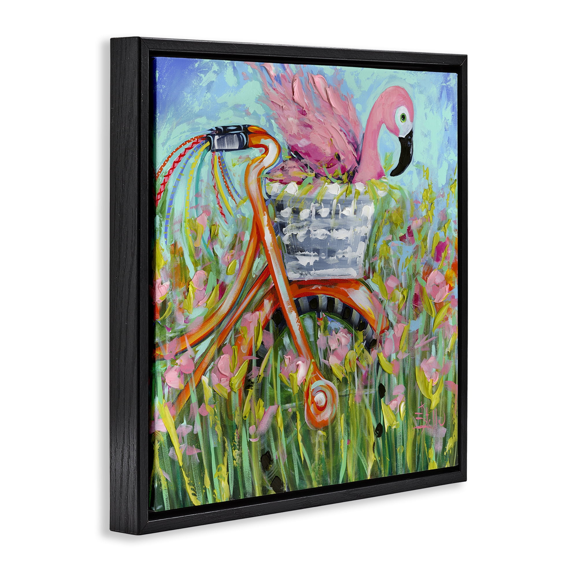 Stupell Industries Flamingo's Free Bicycle Ride Black Framed Floater Canvas Wall Art, design by Estelle Grengs