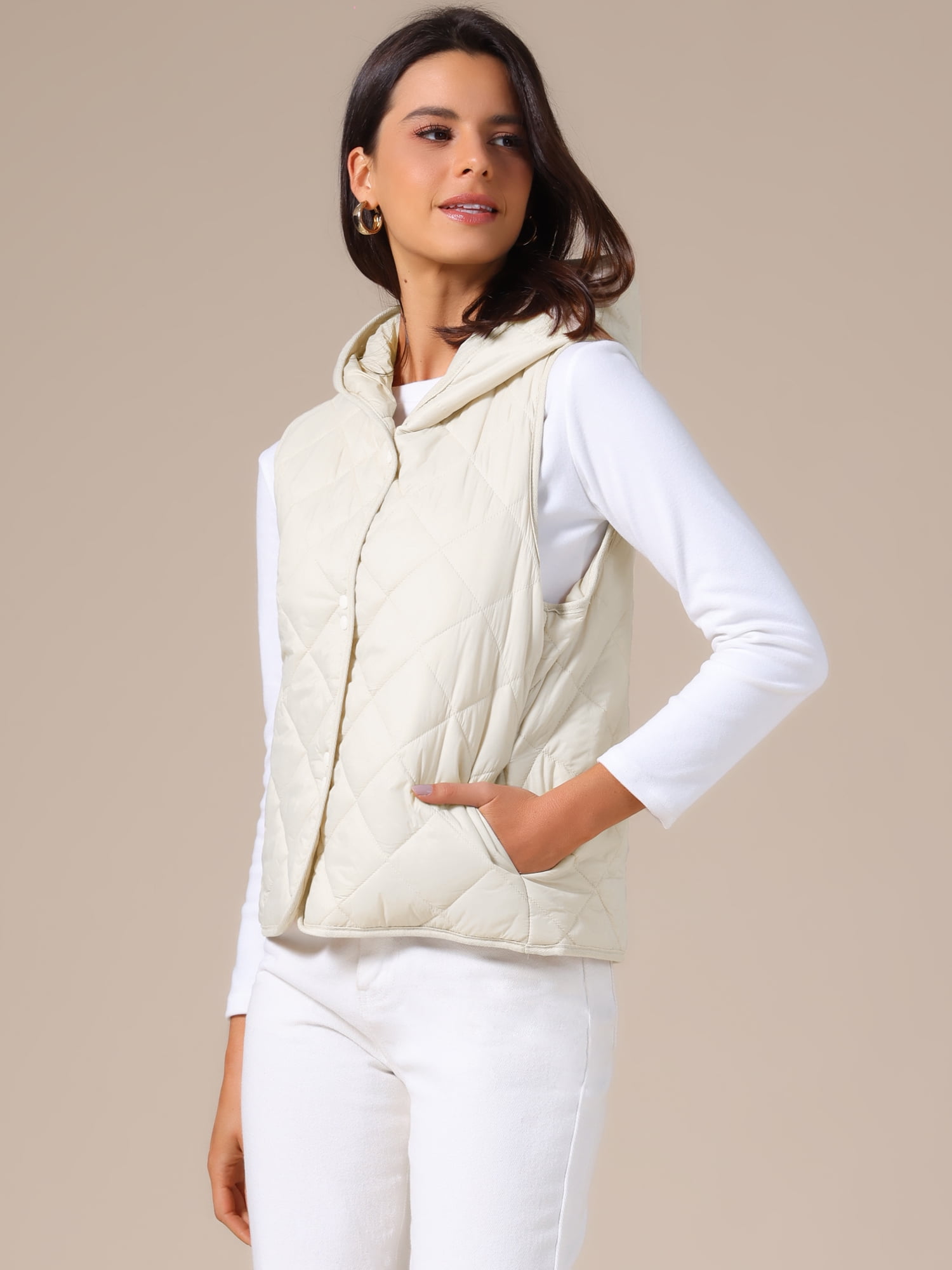 DARING DIVA Women's Lightweight Hooded Puffer Vest Quilted Short Coat M Apricot