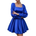 thumbnail image 3 of hirigin Womens Elegant Puff Long Sleeve Corset Mini Dress Fall Casual Solid Color Square Neck A-Line Club Party Stain Dress (Black, S), 3 of 9