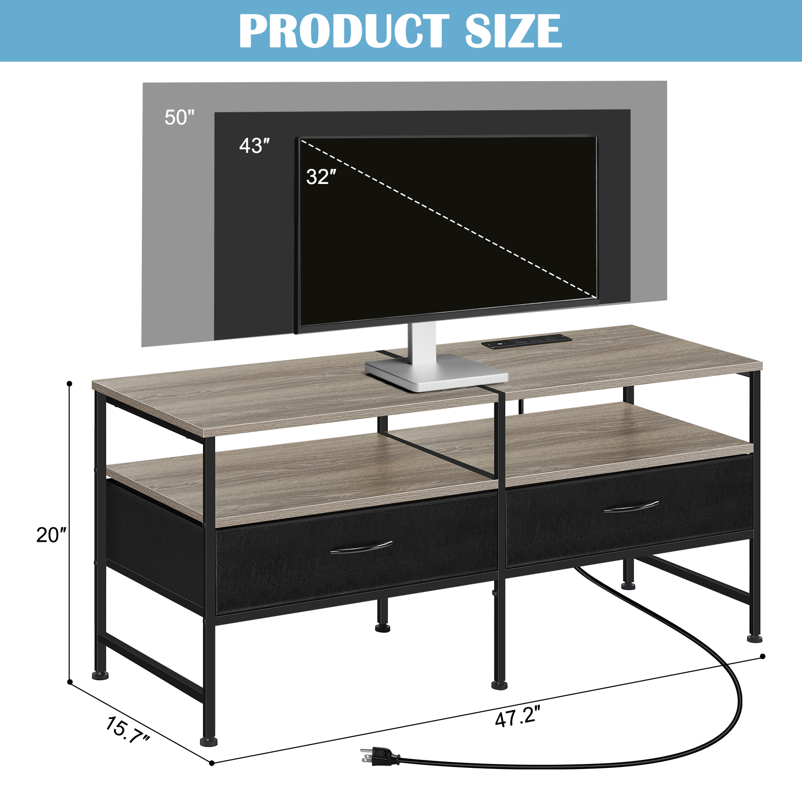 47.2"L TV Cabinet Industrial TV Cabinet with Fabric for Living Room, Bedroom With Charging Stake Gray
