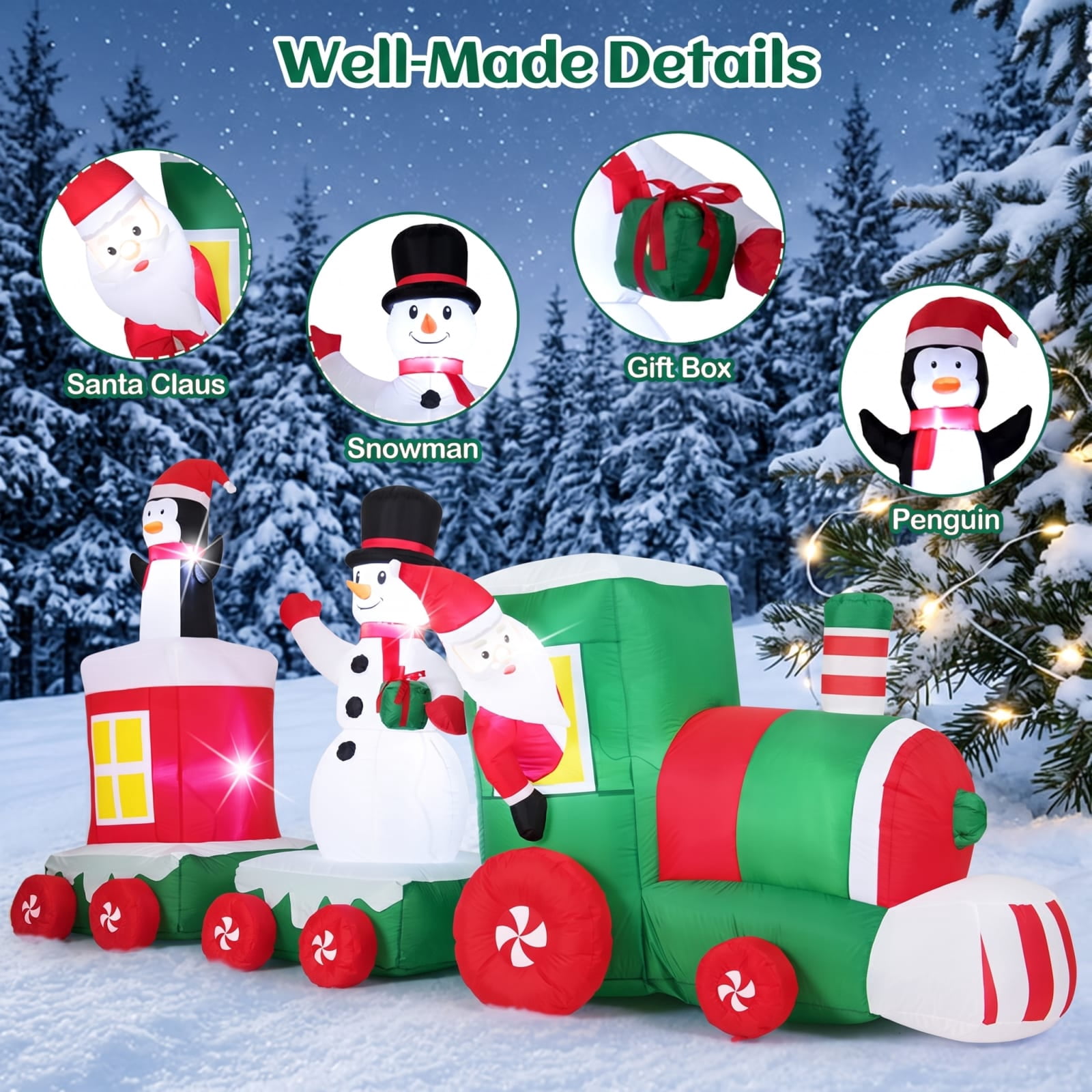 RUIE 11.5 FT Christmas Inflatables Train, Blow Up Santa Driving Train with Snowman Penguin and LED Lights, Outdoor Yard Decor for Lawn - Multicolor
