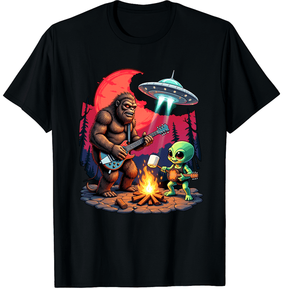 Alien Bigfoot Campfire Moon UFO Sasquatch Adventure Hiking Graphic Black T-Shirt for Men and Women