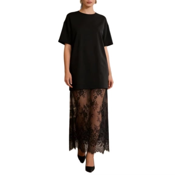 Ruimatai Women's Lace Maxi Dress Short Sleeve Crew Neck Loose Fit Casual Dresses for Effortless Street Style All Day
