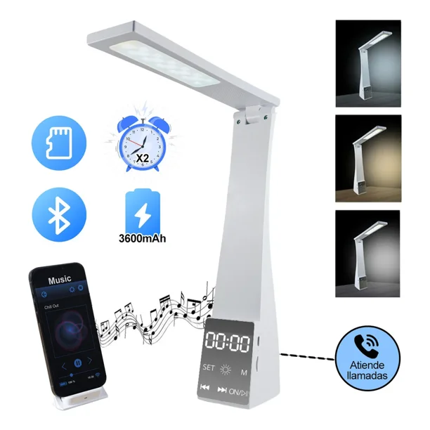 Lámpara Escritorio LED Multifuncional con Bocina, Llamadas, Reloj Digital, Bluetooth y Alarmas
