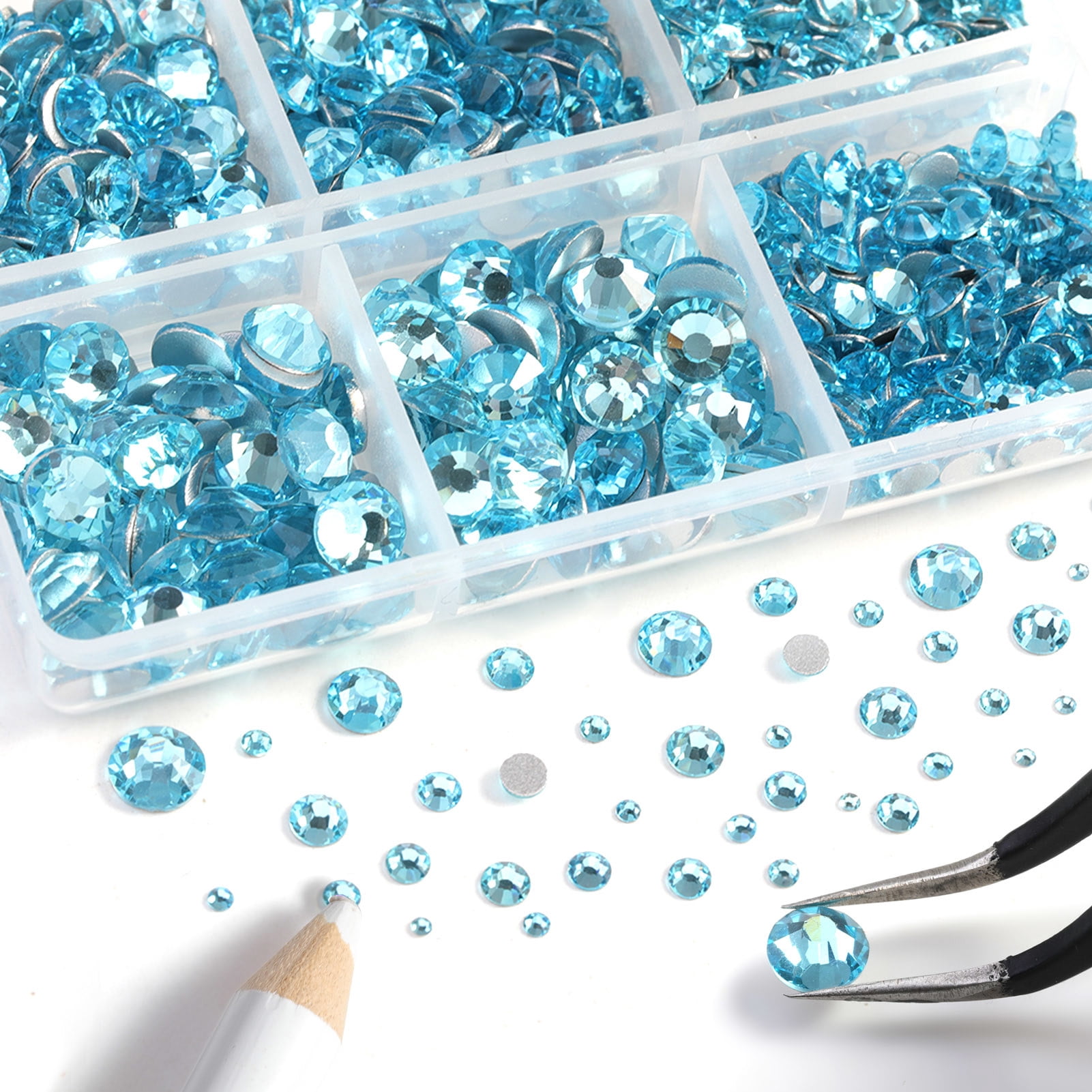 Beadsland 8300PCS Flatback Rhinestones 10 Sizes with Wax Pencil and Tweezer Kit, SS3-SS30, Aquamarine