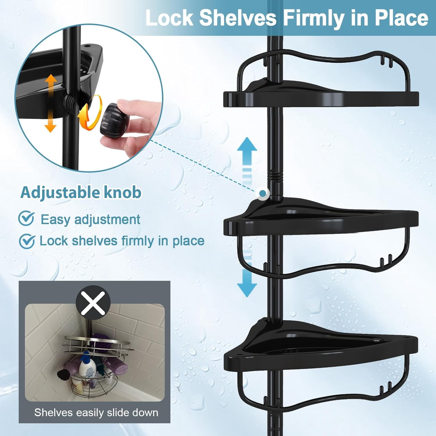 Shower Caddy Corner, No Drilling Rustproof Bathtub Shower Storage Organizer for Bathroom,4-Tier Adjustable Shelves with Tension Pole, Black