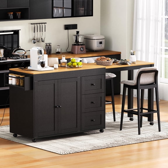 DTTRA 74.8 in Kitchen Island Cart with Extendable Table, 3 Drawers, Power Outlet and Spice Rack, Rolling Storage Cabinet, Black