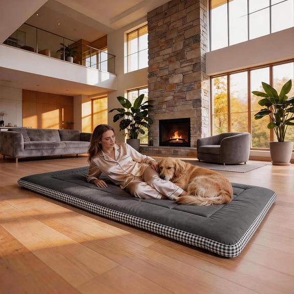 Large Four Seasons Dog Bed Mat, Soft Washable Pet Mattress Topper with Four Corner Straps, Rectangular Cushion for Bed, Floor & Dog Mattress, Ideal for Large Dogs, Multi-Pet Households & All Breeds