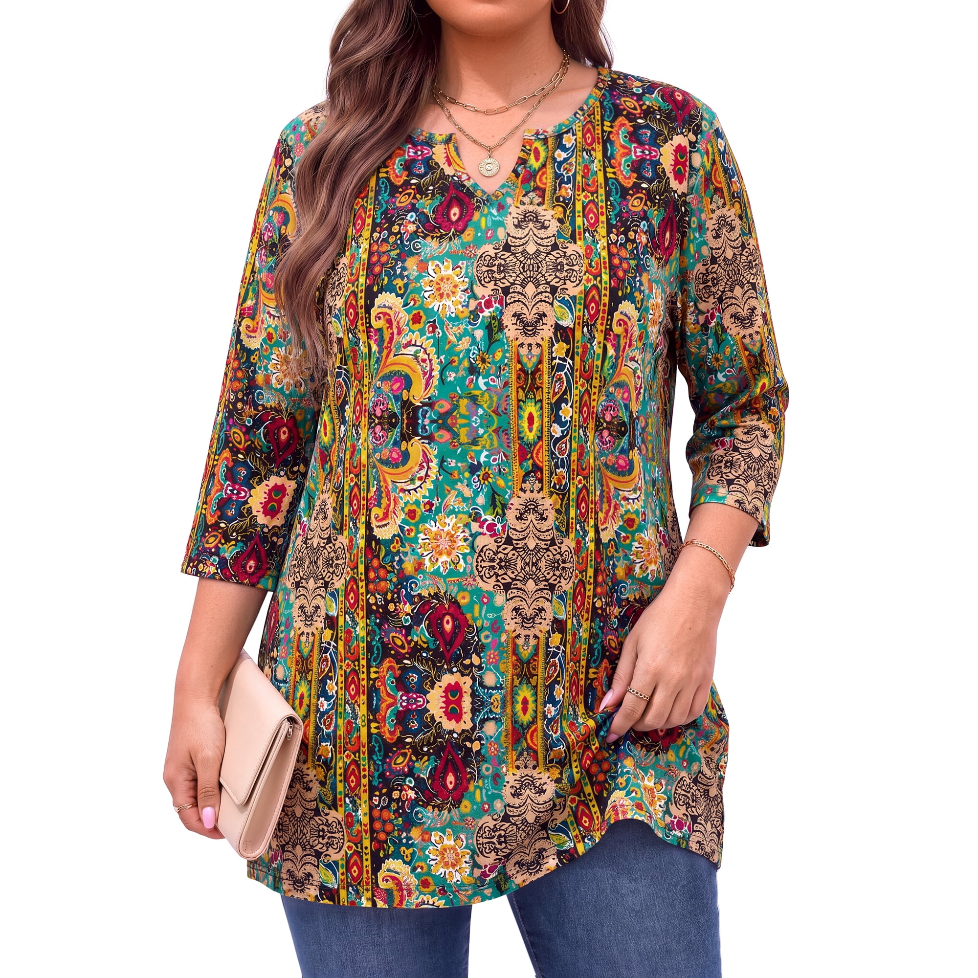 WellSize Plus Size Womens Tunic Tops 3/4 Sleeve Dressy Fall Blouses Casual V Neck Floral Shirts Tunics for Leggings