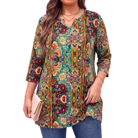 WellSize Plus Size Womens Tunic Tops 3/4 Sleeve Dressy Fall Blouses Casual V Neck Floral Shirts Tunics for Leggings