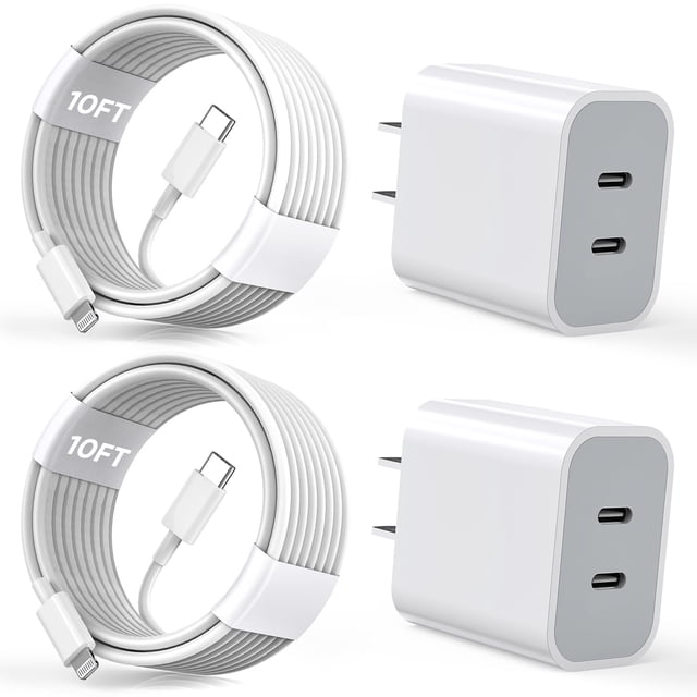 Cargador integrado para iPhone certificado por Apple, paquete de 2 con cable de 10 pies