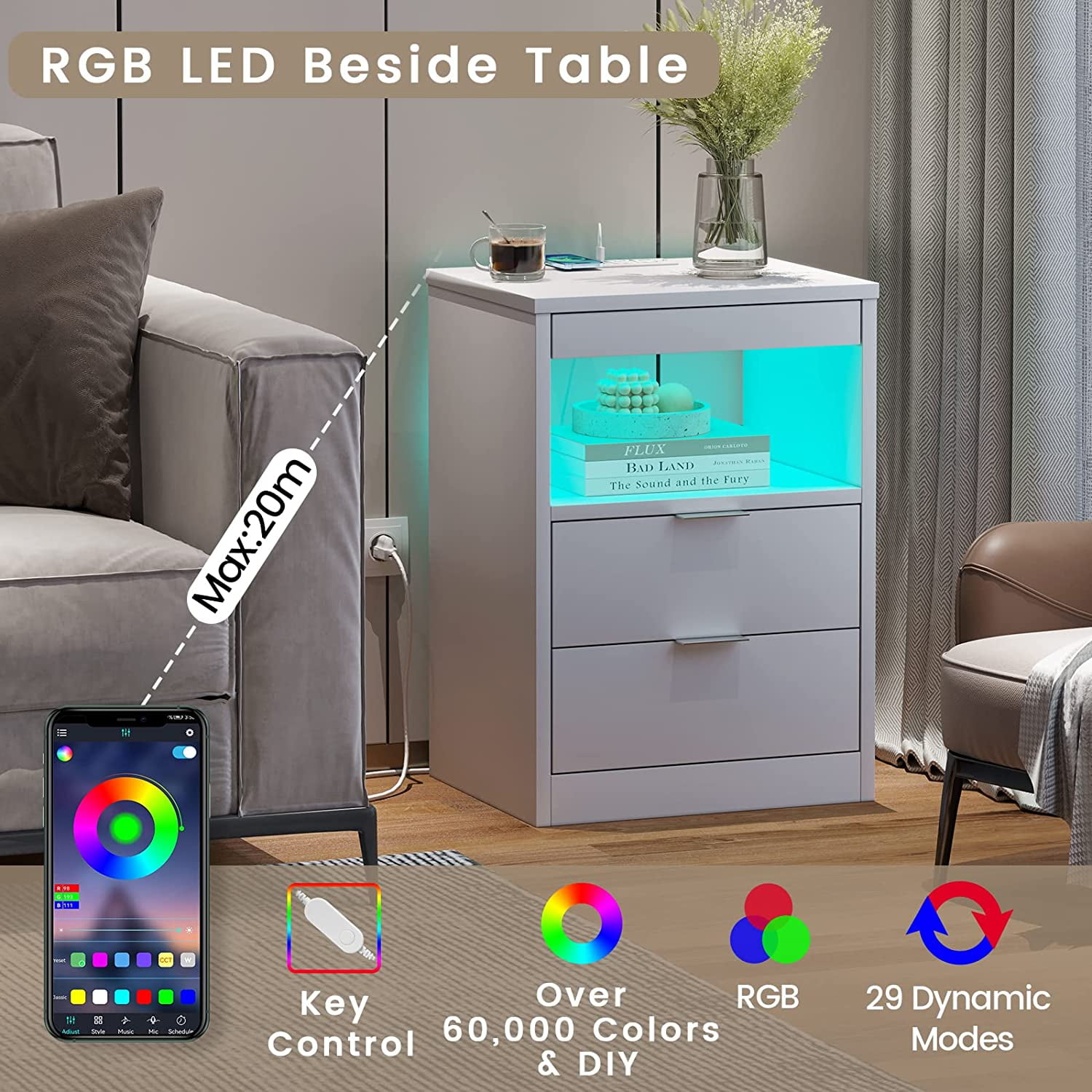 Amuzer Nightstand with Drawers, End Table with Wireless Charging Station, Side Table with LED Lights, White