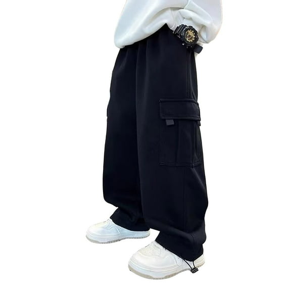 KAUOD Teen Girls Cargo Sweatpants Baggy Wide Leg Joggers Pants Kids High Waist Straight Fleece Warm Trousers with Pockets