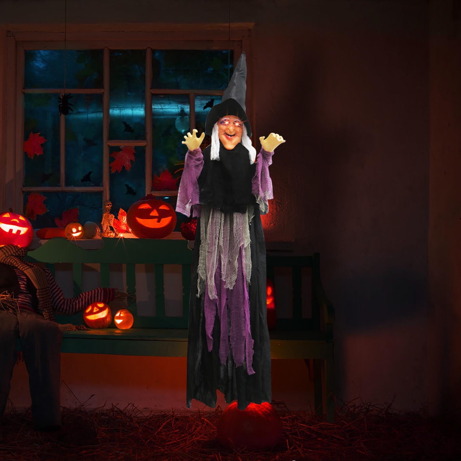 Halloween Animatronics Witch Clearance, Voice Activated Purple Escape Haunt Halloween House Decor & Fright Fest Prop, Life Size Animated Halloween Decoration Outdoor