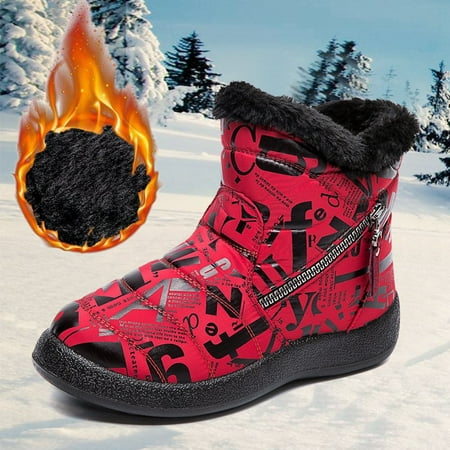 

symoid Womens Booties- Winter Printeding Keep Warm Ankle Boots Plus Velvet Boot Flat Snow Boots Red 39