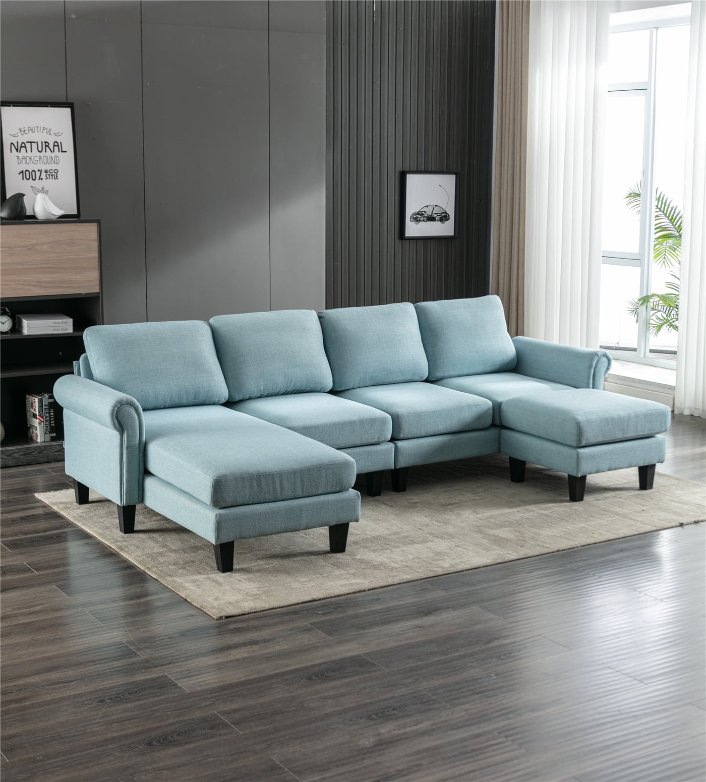 Reversible LShape Sectional Sofa, Modern Linen Fabric UShape Accent