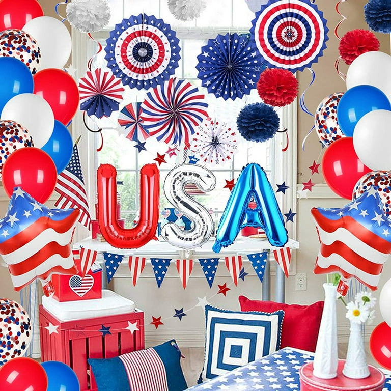 Patriotic 4th of July Party Decorations Set, American Flag Hanging Paper Fans, Pom Pom Flowers, Foil Fringe Curtain, Star Streamers, USA Banner for