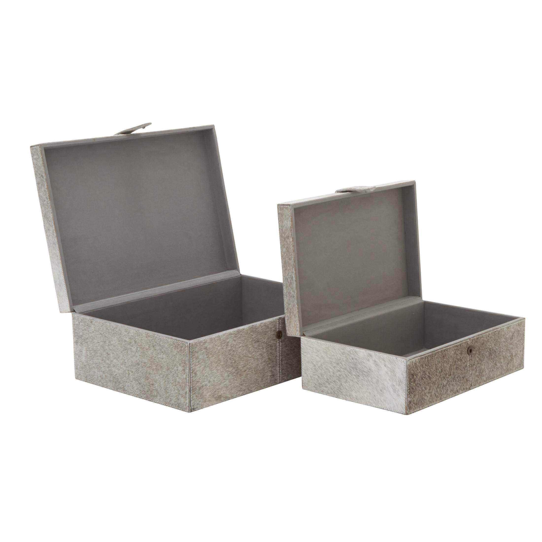 DecMode Handmade Gray Leather Decorative Box with Snap Front Closure and Detailed Stitching, 2 Count