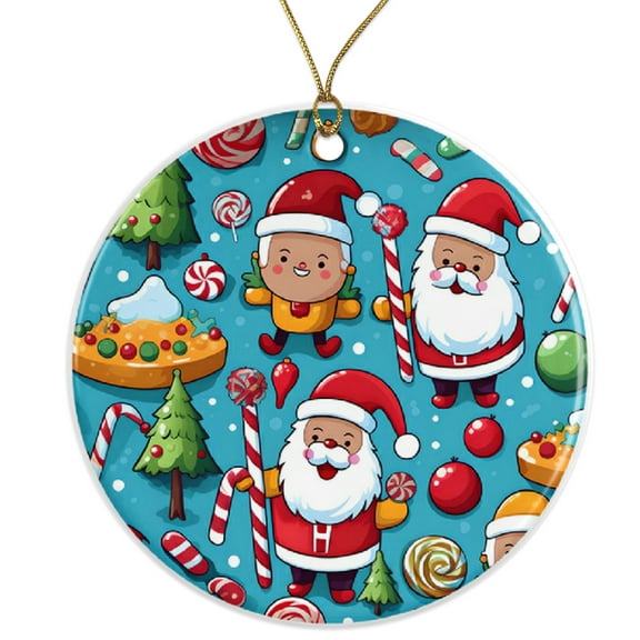 Santa Claus Christmas Holiday Ornament | Xmas Candy Ornaments | Winter Season Santa Gifts Ceramic Ornament - 3 Inch Christmas Tree Round Ornament - Xmas Holiday Decor - String Included - ORNW0245