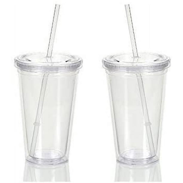 Zhuge Vasos de acrílico reutilizables con aislamiento de doble pared, con pajita y tapa, paquete de 2 (pajitas transparentes de 16 oz)