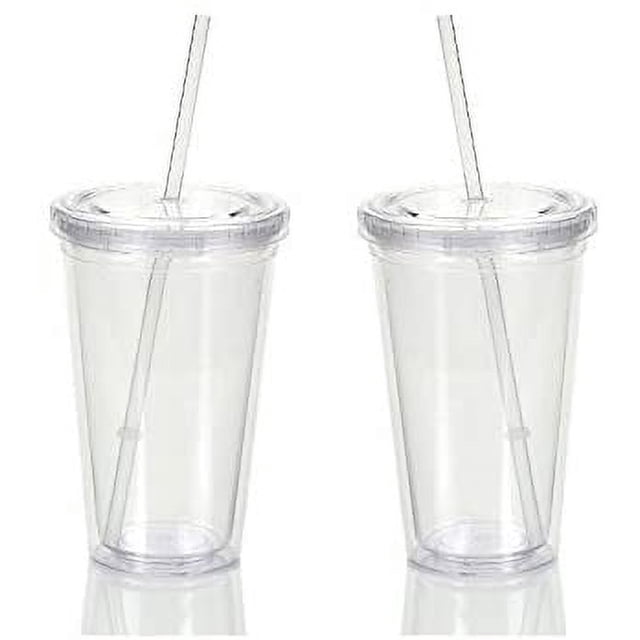 Zhuge Vasos de acrílico reutilizables con aislamiento de doble pared, con pajita y tapa, paquete de 2 (pajitas transparentes de 16 oz)