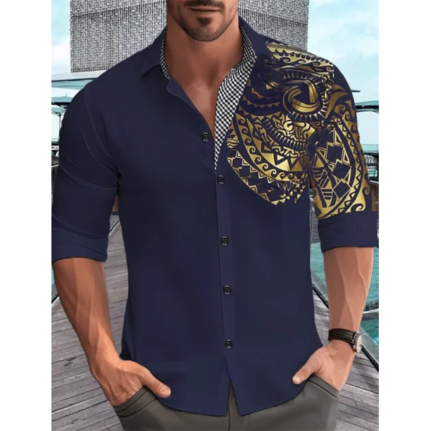 Camisa de hombre nueva 2024 con estampado de patchwork, ropa de fiesta con solapa de manga larga, cómoda y suave tela, top casual para hombre S-6XL