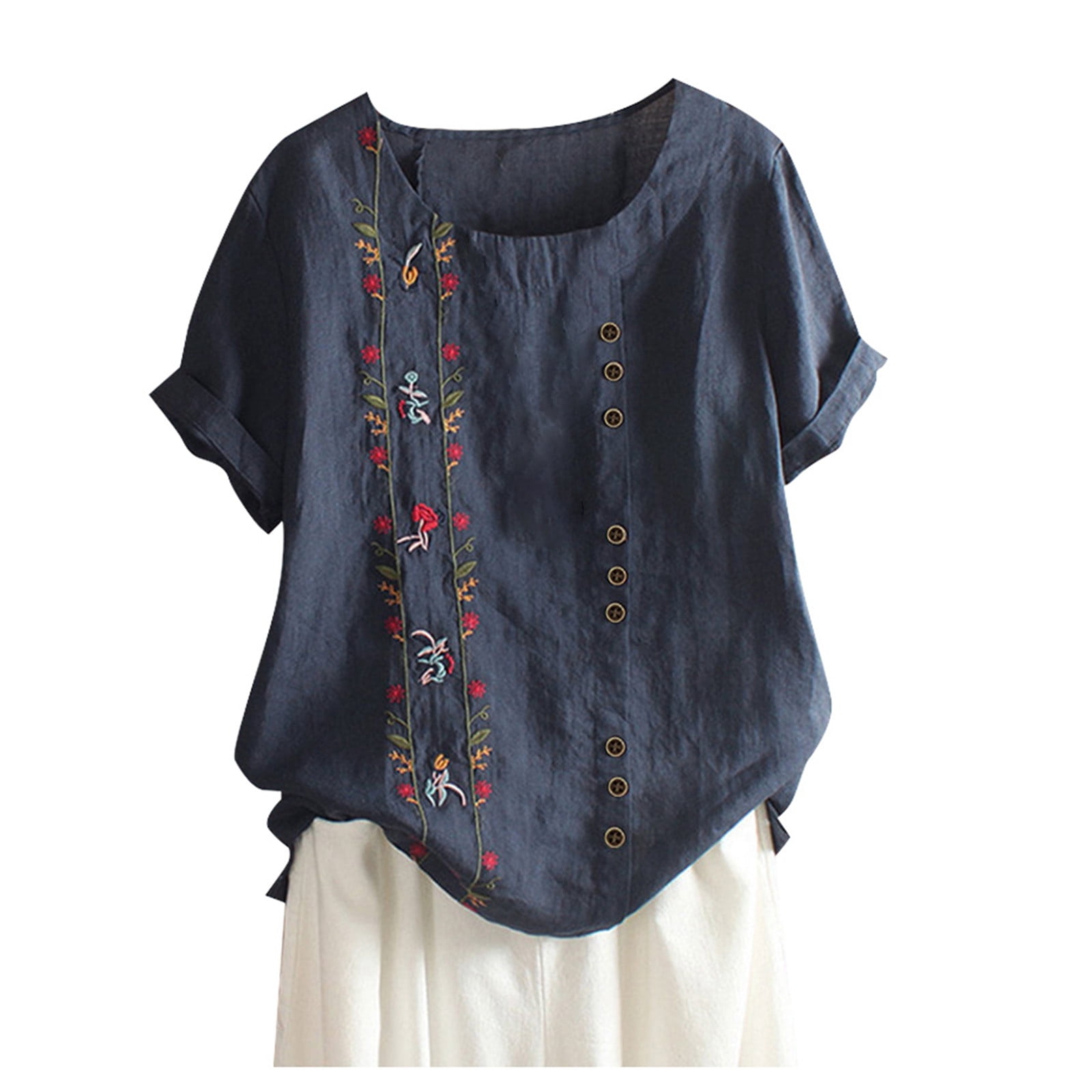 T-Shirt Femme Ladies Retro Cotton Linen Embroidery Loose Short