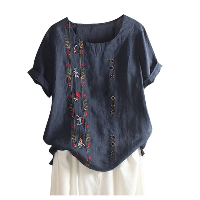 WEIYLL Womens T-Shirts Retro Linen Embroidery Loose Short Sleeved Navy Blouse Sizes XXL