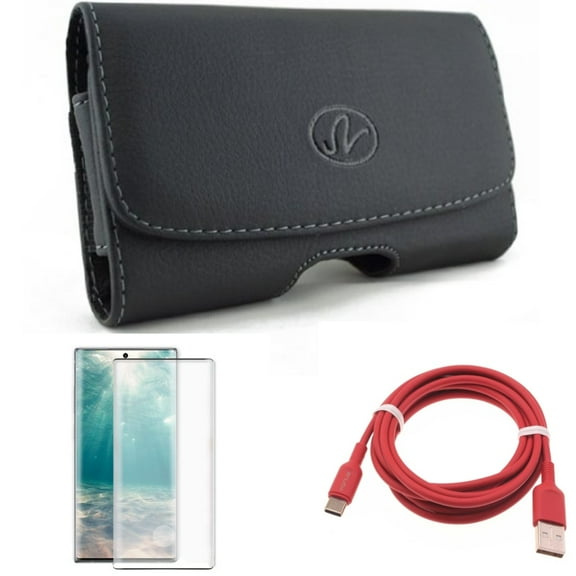 Screen Protector & Case Belt Clip & 6ft USB-C Cable for Samsung Galaxy Note 20 (6.7") - Combo with Tempered Glass (Fingerprint Unlock) & Leather Swivel & Red Charger Cord