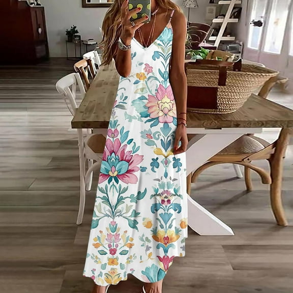 LADIGASU Summer Dresses For Women's Print Sleeveless Round Neck Dress Casual Dresses