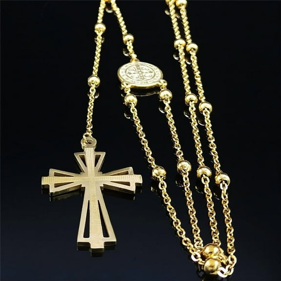 Cross Rosary Catholic Hollow Necklace Saint Benedict 14K Yellow Gold Women Golden Color Beads Long Necklaces Jewelry Gift