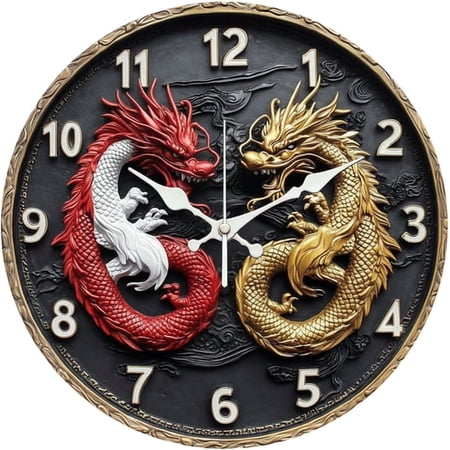 SBEMP10 Inch Silent Wall Clock, Double Dragon Yin Yang Relief Decorative Wall Clock, Battery Operated Non-Ticking Round Clock for Living Room Bedroom Oriental Home Decor